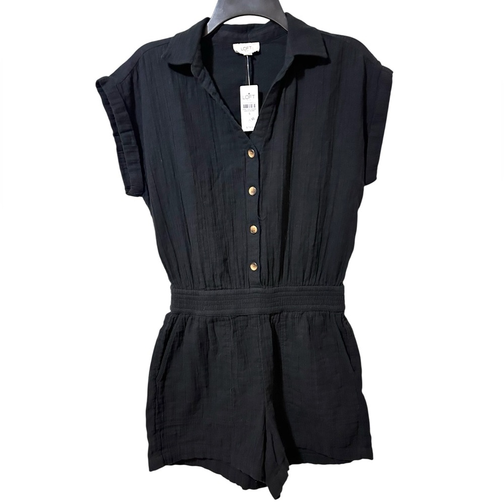 LOFT Outlet black 1/2 button 100% cotton 1 piece shorts romper size Small - NWT!